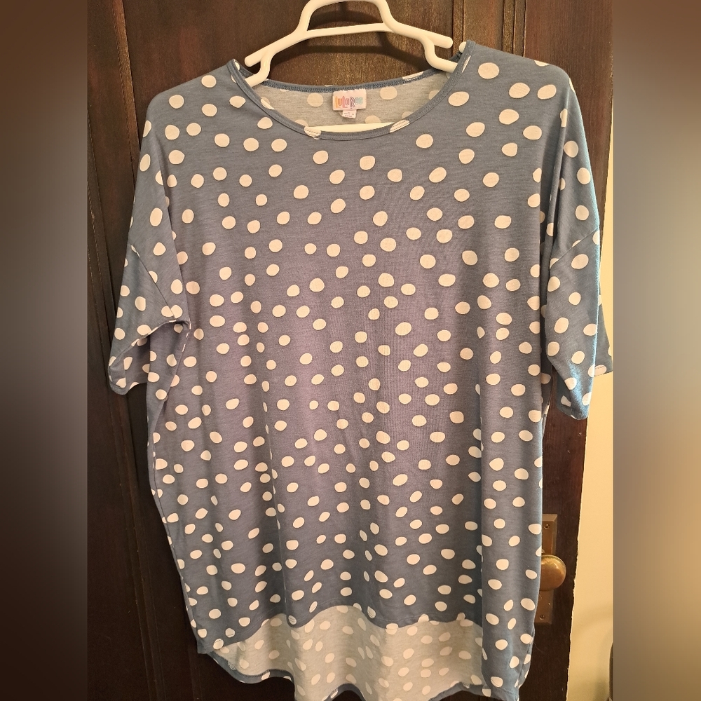 LuLaRoe Grayish Blue and White Polka Dot Top